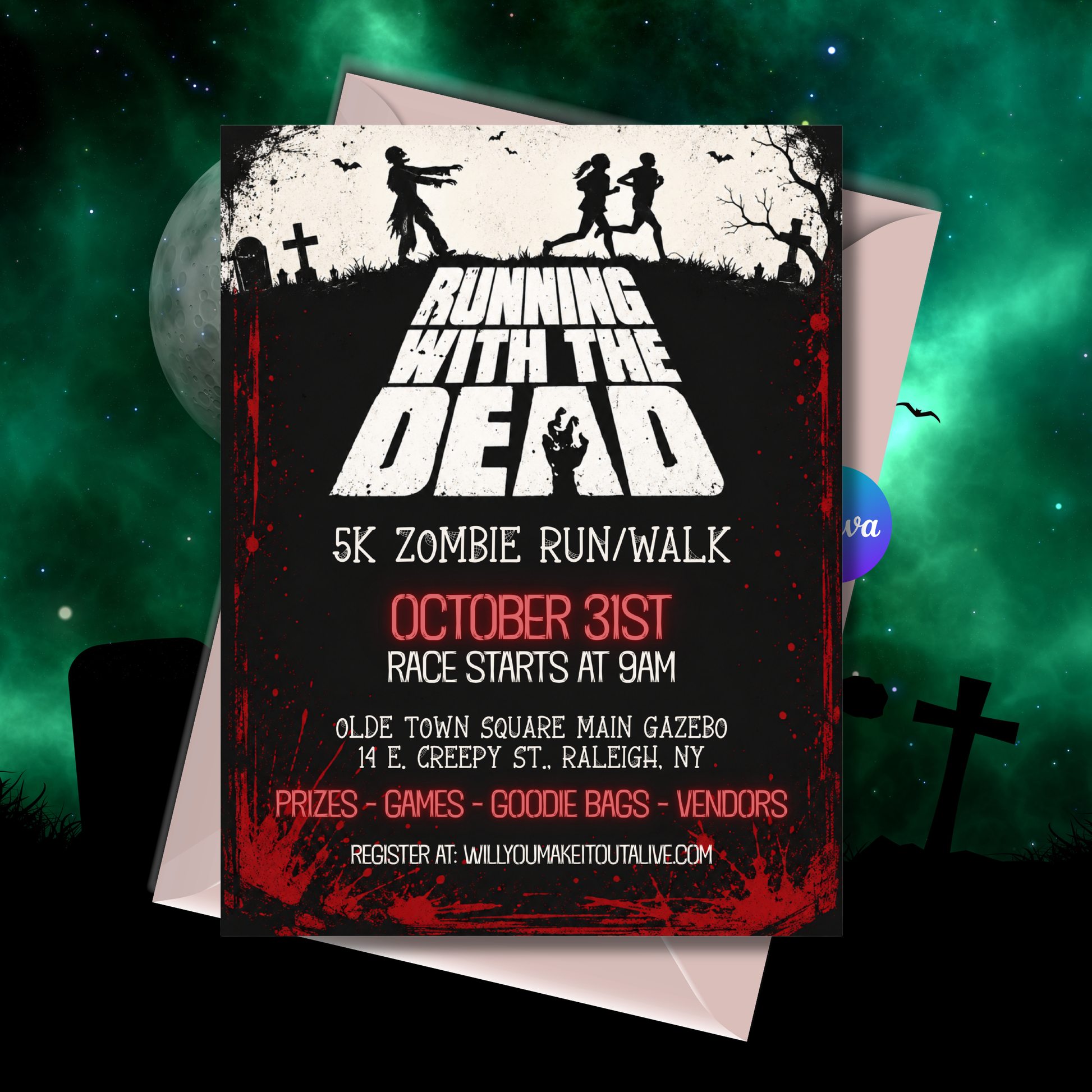 Editable zombie run flyer template for Halloween 5K fun run or race