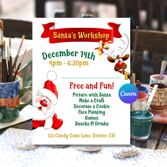 Santa’s Workshop Event Flyer Template | Editable Christmas Flyer | Holiday Party Flyer Canva | 8.5x11 Instant Download