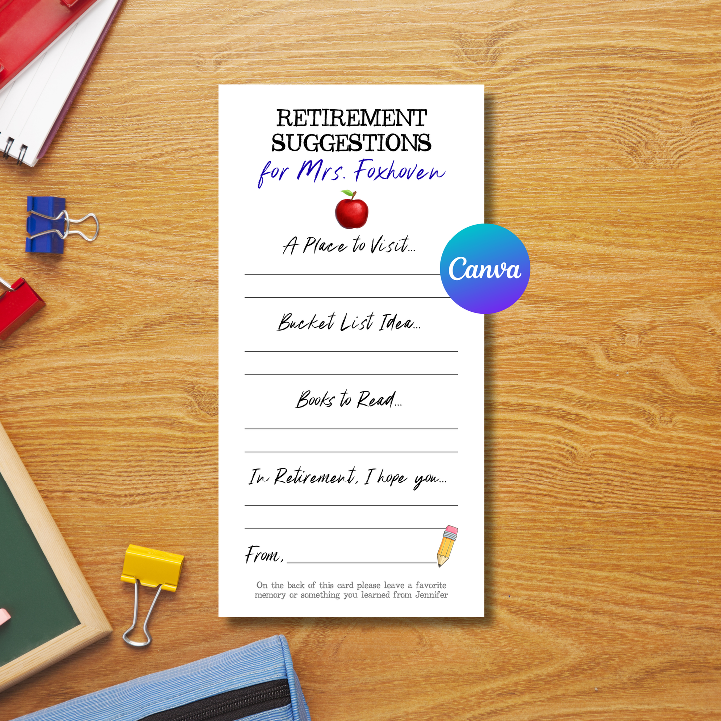 Teacher Retirement Suggestions Card 5x10 Editable | School Retirement Advice Card | Funny Teacher Farewell Activity | Canva Template Printable