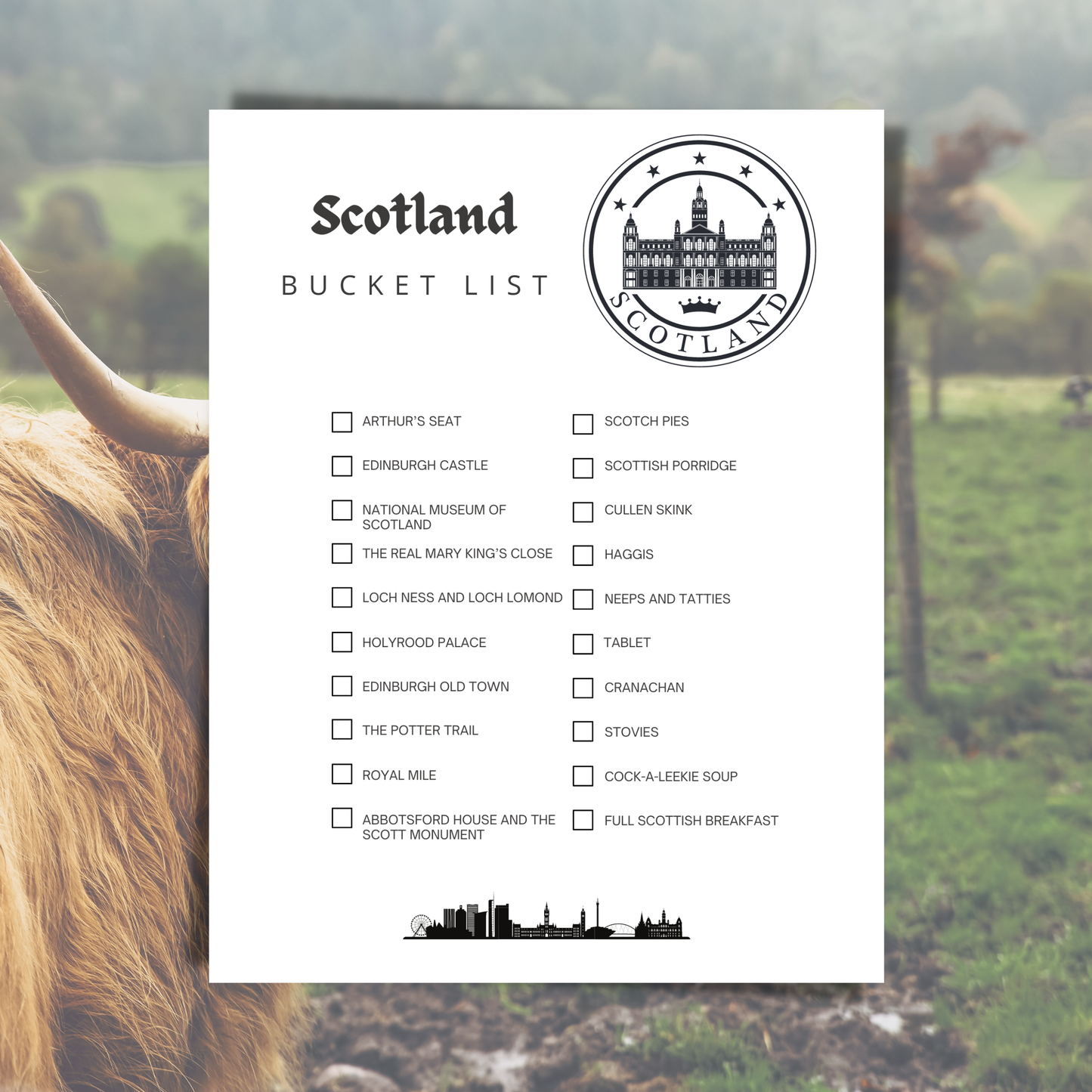 Scotland bucket list with a blurred background of a highland cow and Scottish landscape.