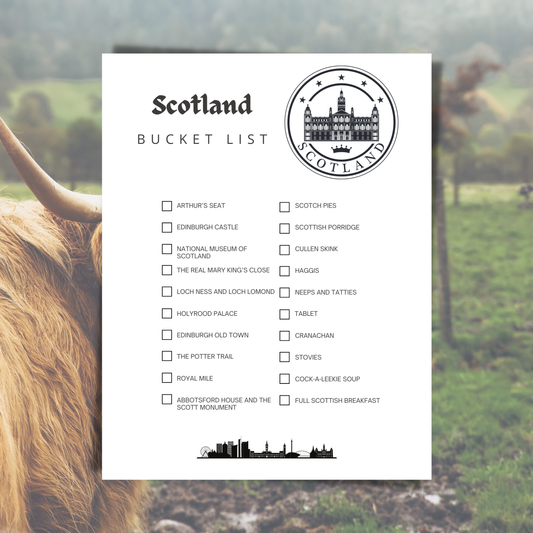 Scotland bucket list with a blurred background of a highland cow and Scottish landscape.