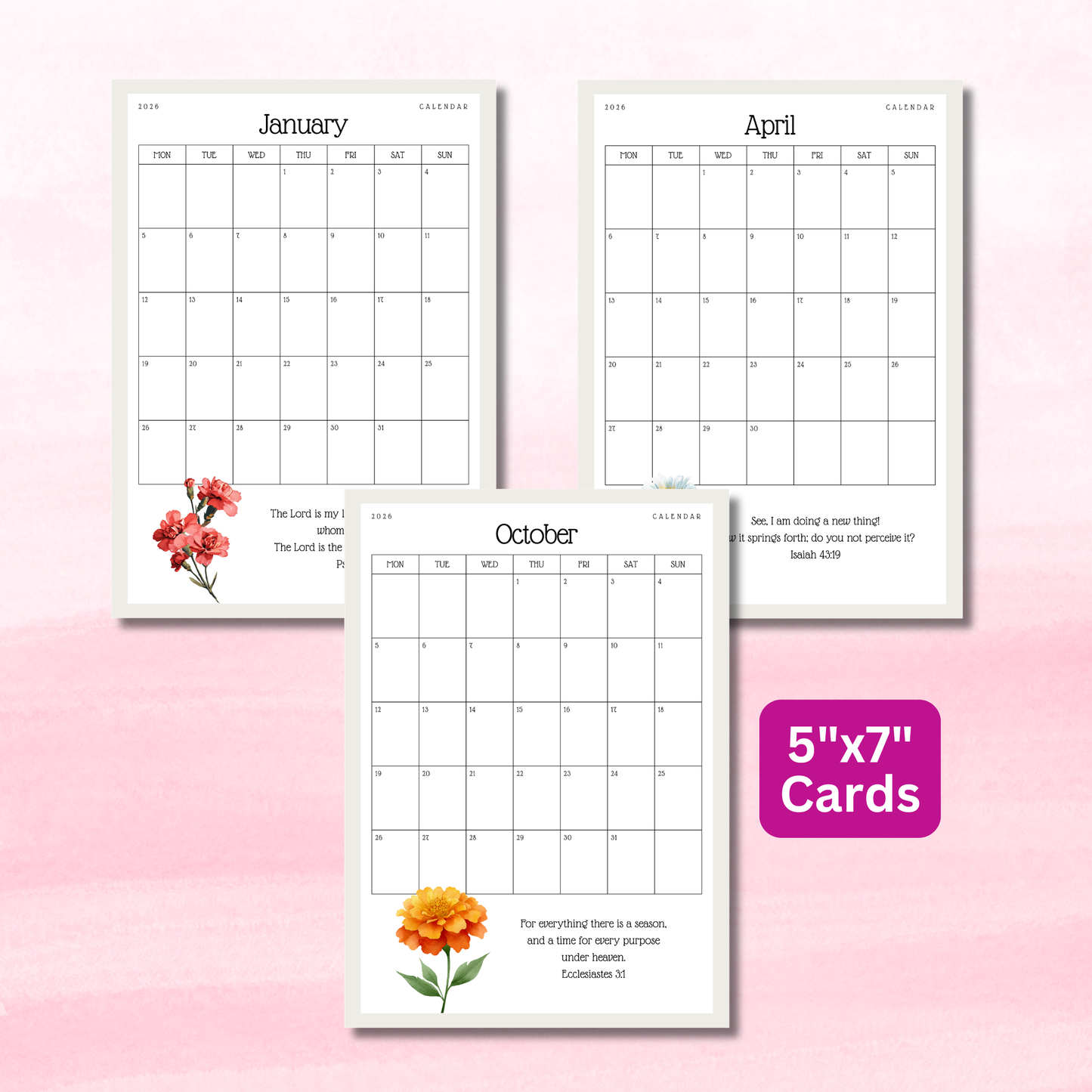 5x7 Scripture Calendar Printable | Bible Verse Calendar | Christian Desk Calendar | Monthly Scripture Cards | Faith Printable | Instant Download