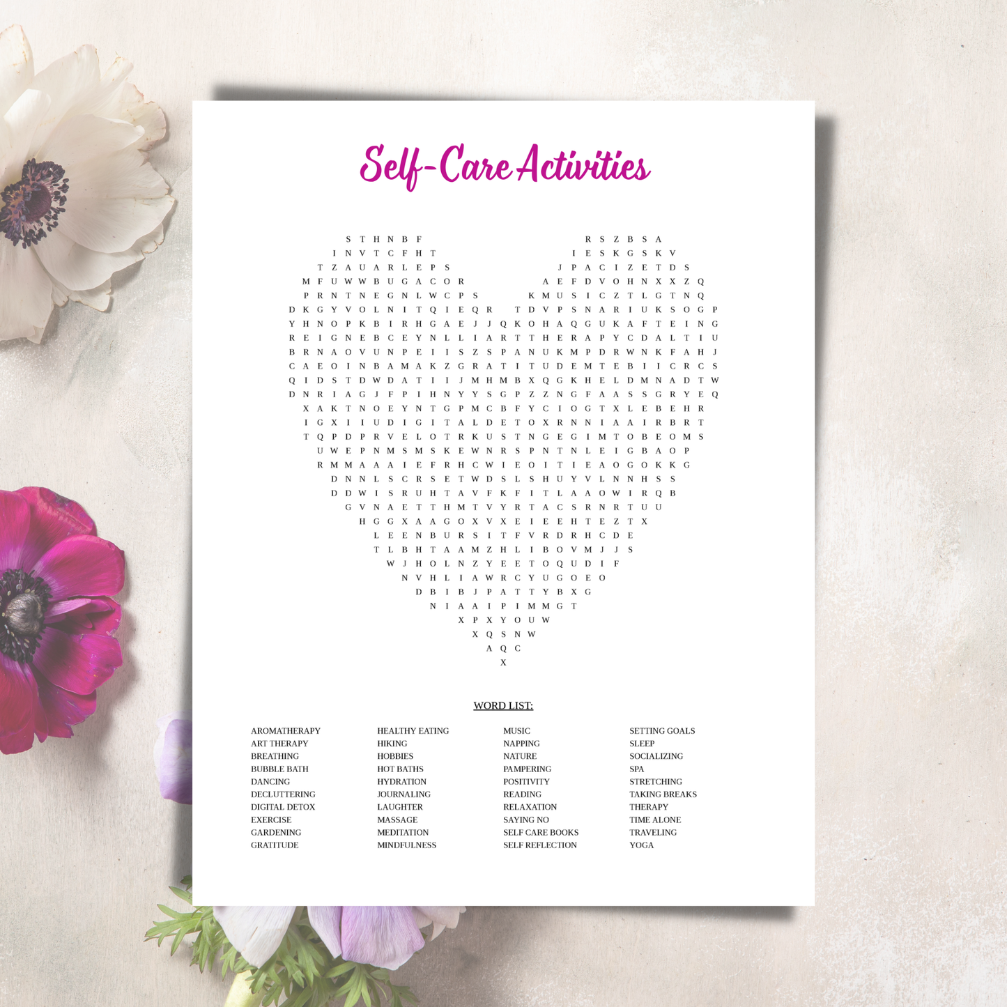 Sheet of paper with 'Self-Care Activities' word search on a light background with flowers.