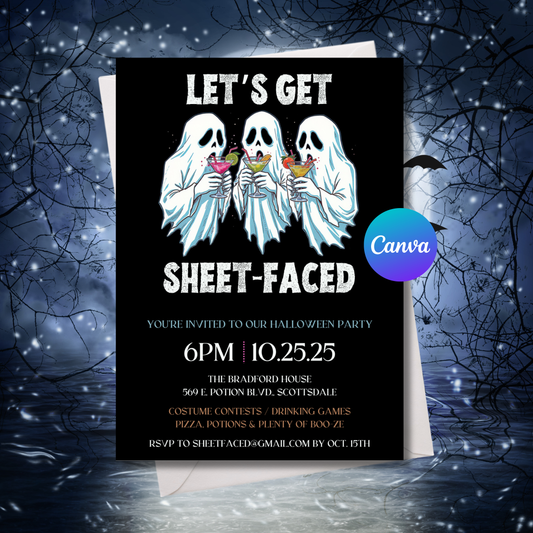 Let’s Get Sheet-Faced Halloween Invitation Template | Funny Ghost Party Invite | Editable 5x7 Canva Instant Download