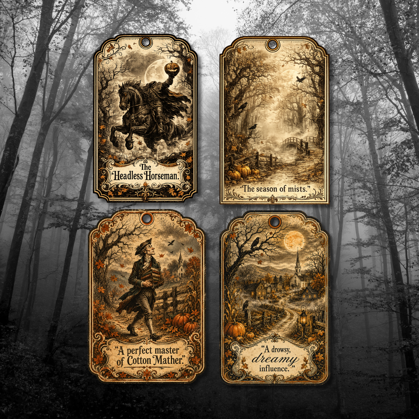 Four printable Sleepy Hollow gift tags featuring vintage Victorian Halloween illustrations of the Headless Horseman, misty autumn woods, Ichabod Crane, and the village of Sleepy Hollow in antique engraving style.