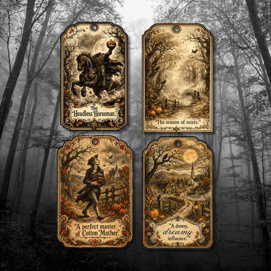 Four printable Sleepy Hollow gift tags featuring vintage Victorian Halloween illustrations of the Headless Horseman, misty autumn woods, Ichabod Crane, and the village of Sleepy Hollow in antique engraving style.