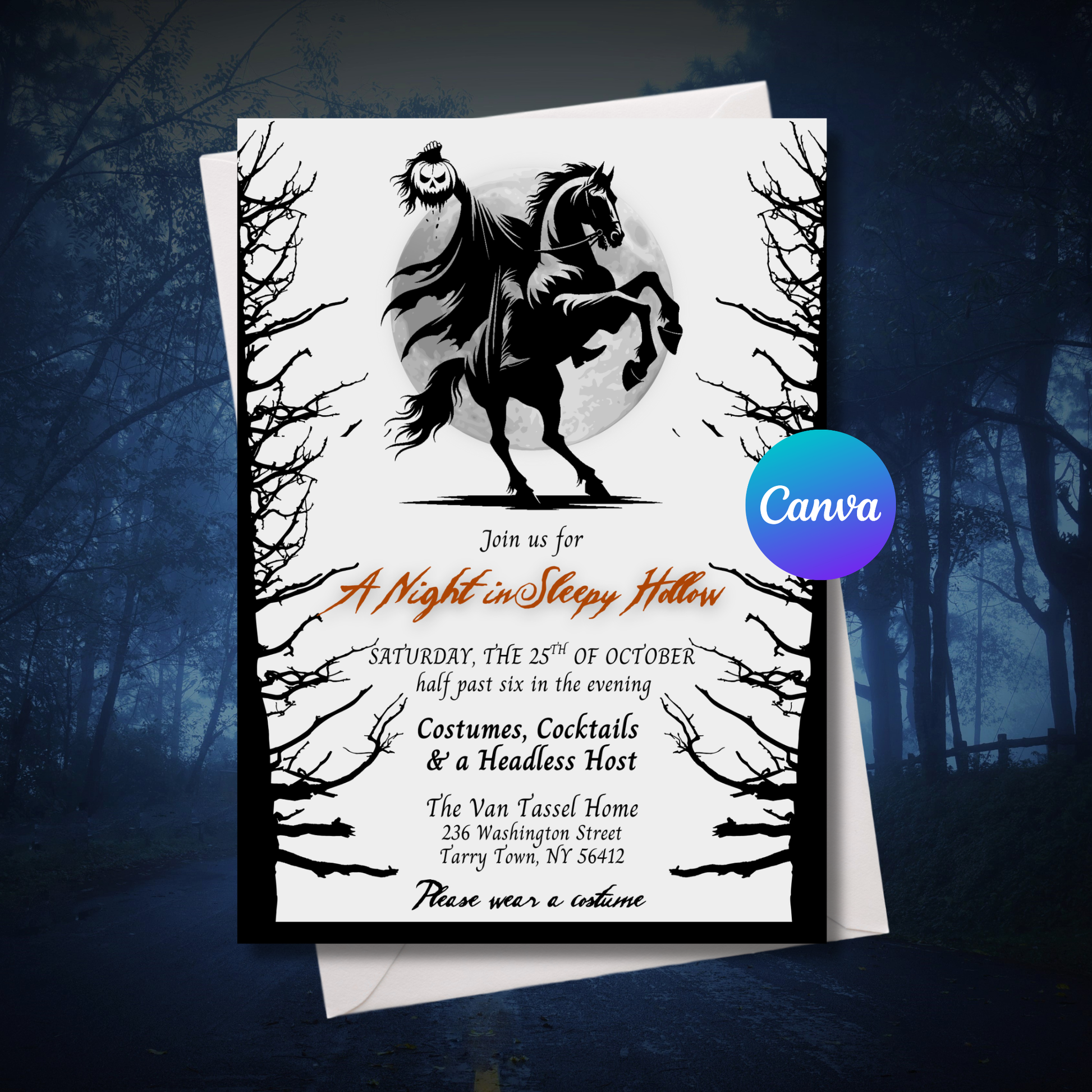 Sleepy Hollow Halloween Party Invitation Editable 5x7 Canva Template
