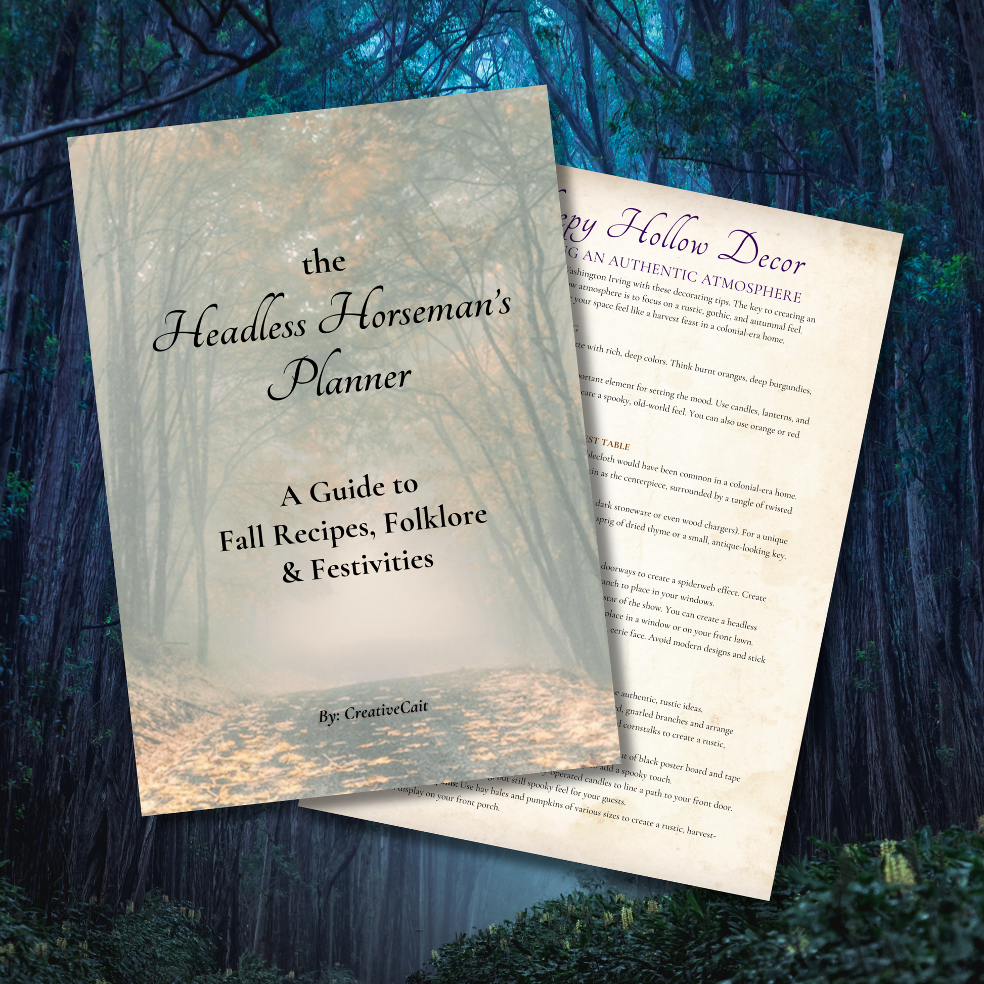 Sleepy Hollow Party Planner printable featuring Halloween planning pages, decorating guides, recipes, folklore, calendar, and party checklist inspired by the Headless Horseman.