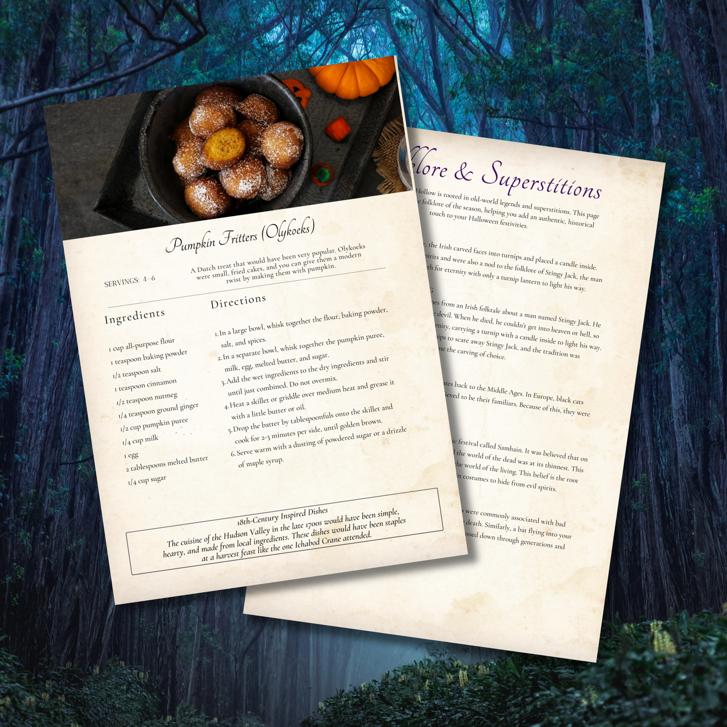 Sleepy Hollow Party Planner printable featuring Halloween planning pages, decorating guides, recipes, folklore, calendar, and party checklist inspired by the Headless Horseman.