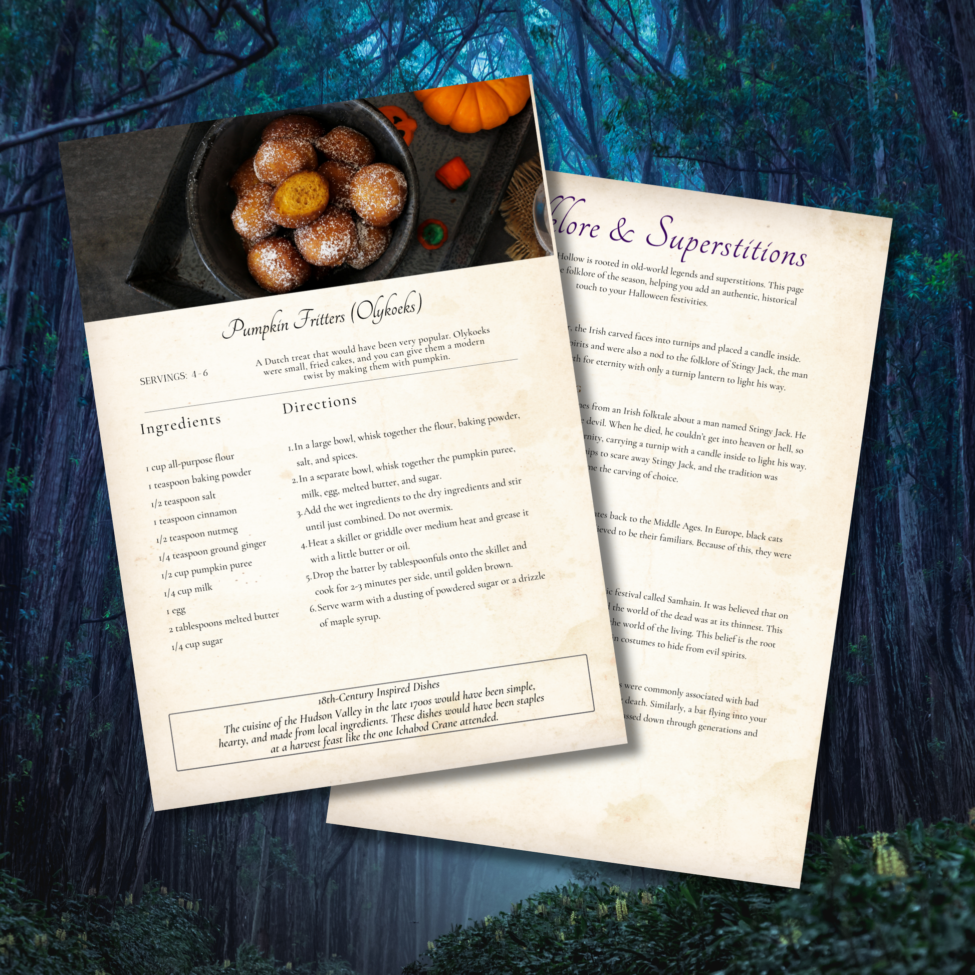Sleepy Hollow Party Planner printable featuring Halloween planning pages, decorating guides, recipes, folklore, calendar, and party checklist inspired by the Headless Horseman.