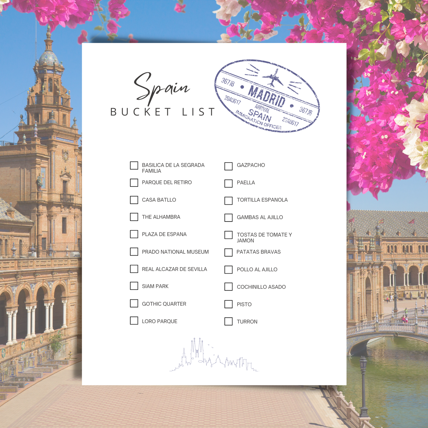 Spain bucket list with architectural landmarks and floral elements
