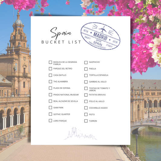 Spain bucket list with architectural landmarks and floral elements