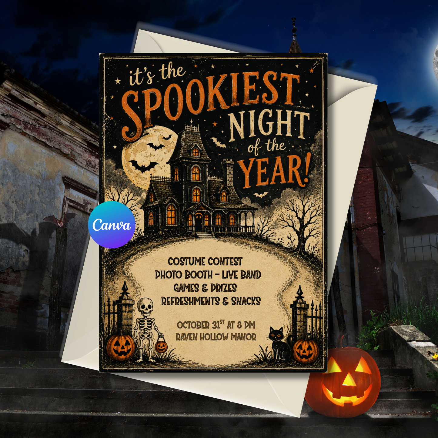Vintage Halloween party invitation featuring a haunted manor, skeleton, pumpkins, bats, and editable 5x7 Canva invitation template with nostalgic Halloween artwork.
