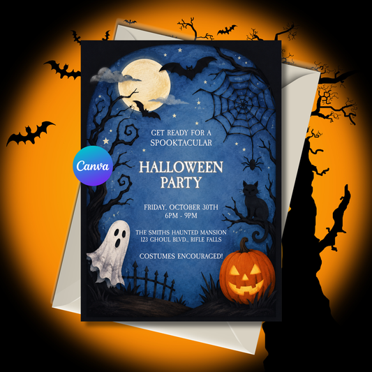 Editable kids Halloween party invitation template featuring a moonlit night with a friendly ghost, smiling jack-o'-lantern, black cat, bats, stars, and spiderweb. Canva editable 5x7 digital download.