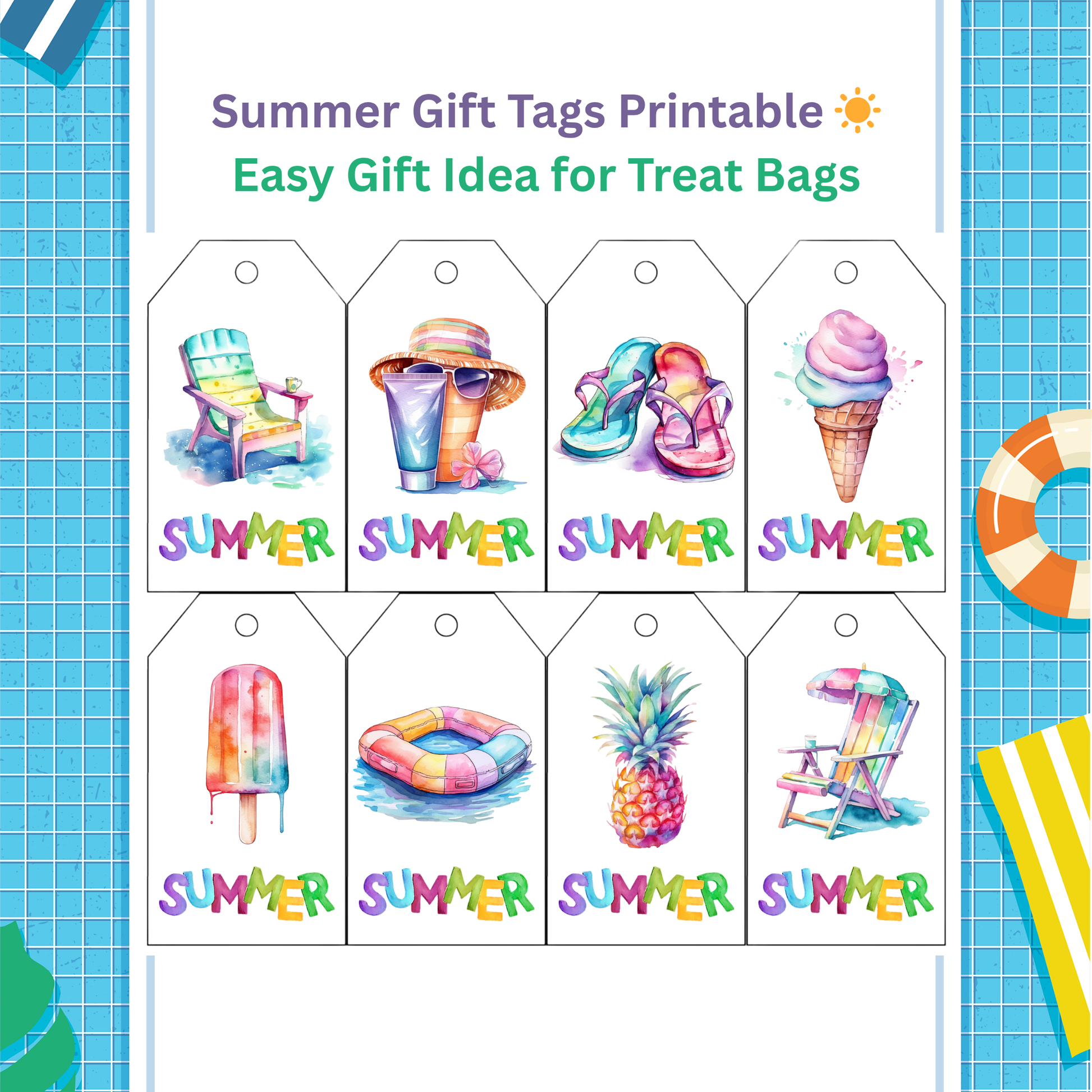 Set of summer-themed gift tags with colorful illustrations and 'SUMMER' text on a blue grid background.