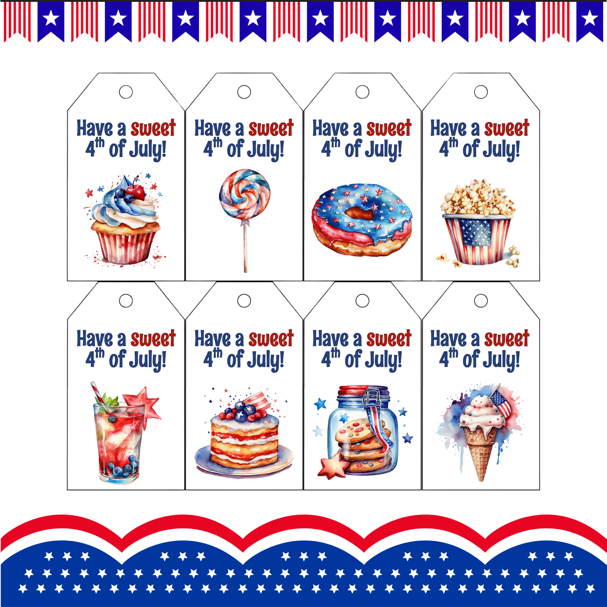 Decorative tags for 4th of July with festive graphics and text.