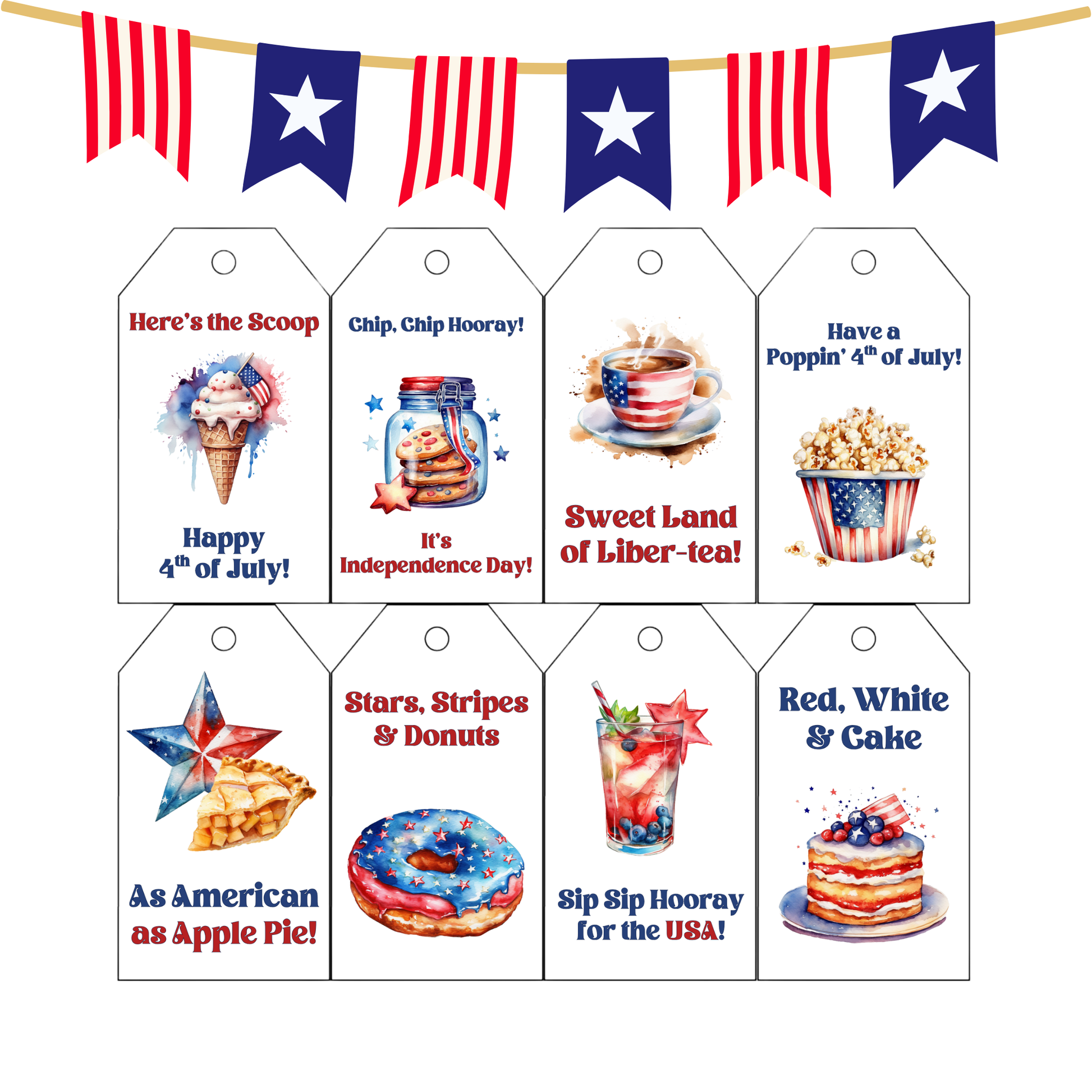 Set of 10 Independence Day-themed tags with various graphics and text.