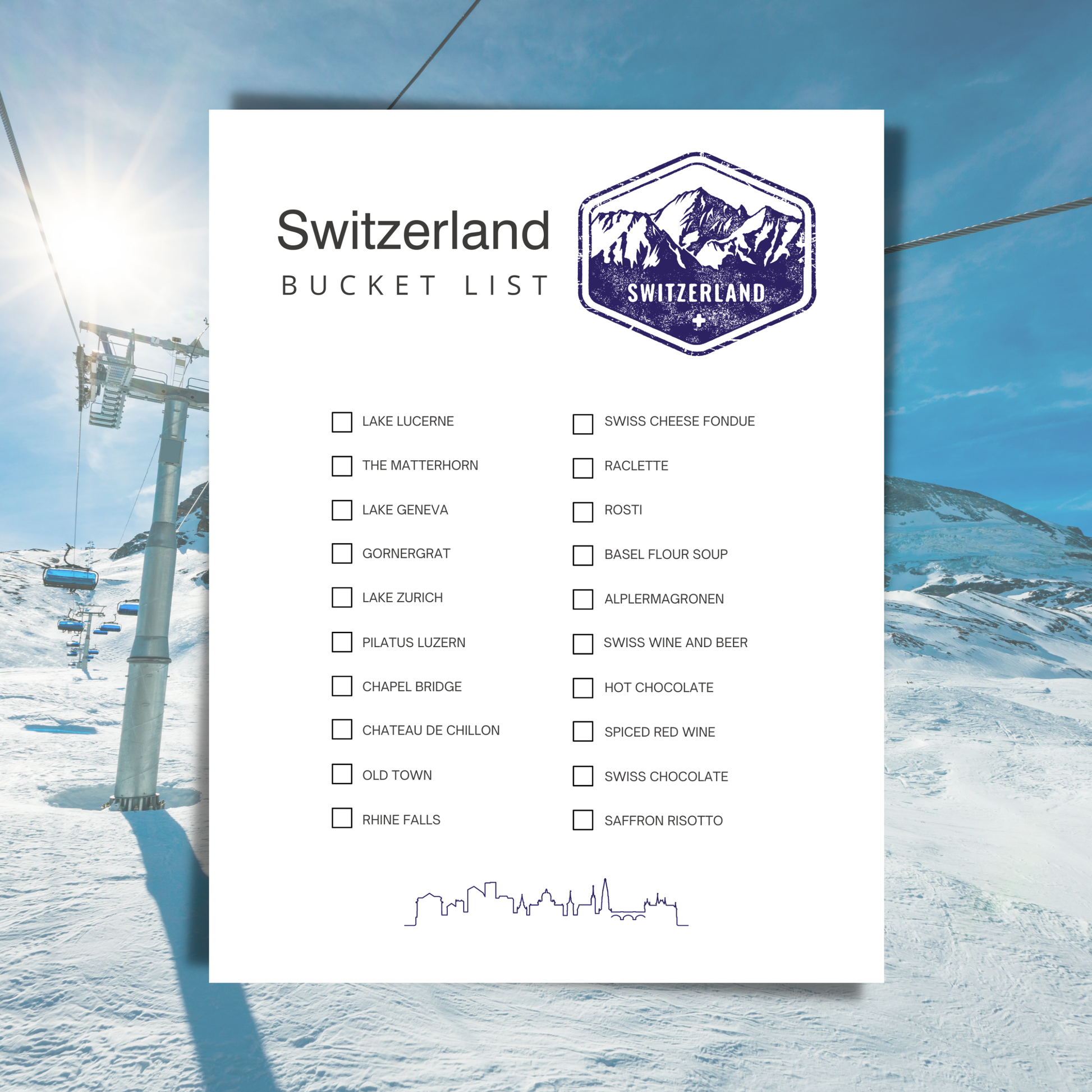 Switzerland bucket list with a snowy mountain background