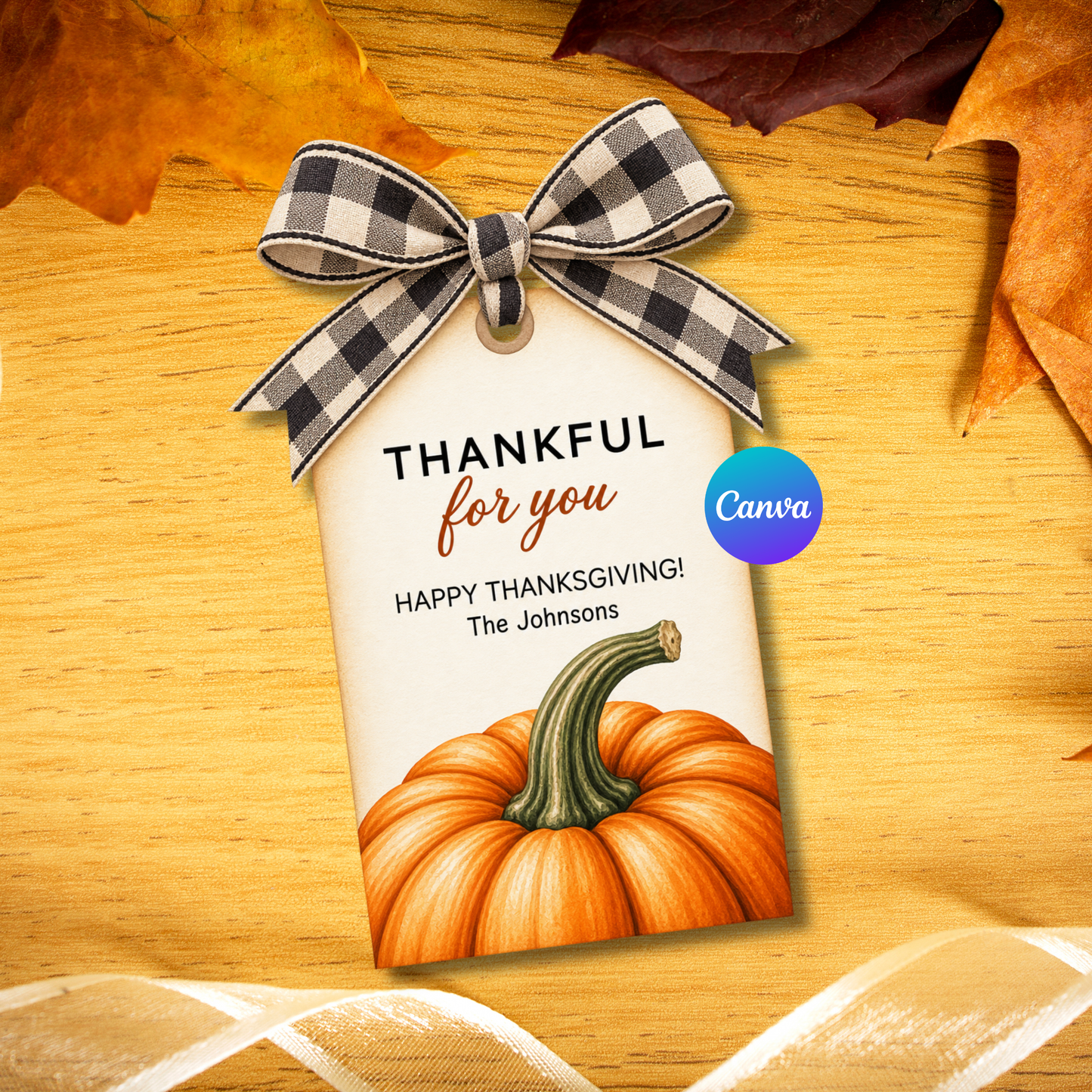 Thankful for You Thanksgiving gift tag with watercolor pumpkin design