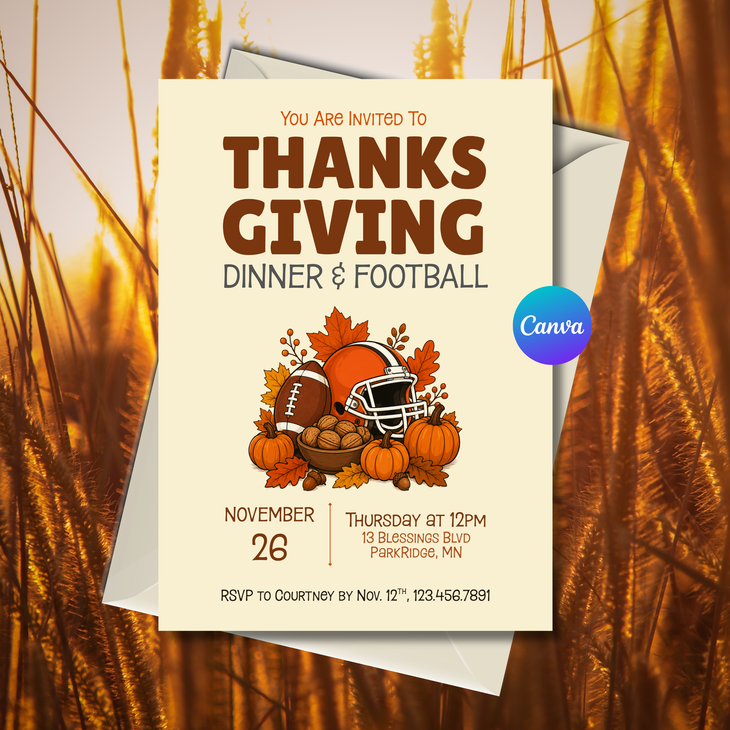 Editable Thanksgiving Dinner & Football invitation featuring a football helmet, football, pumpkins, walnuts, and autumn leaves, personalized in Canva.