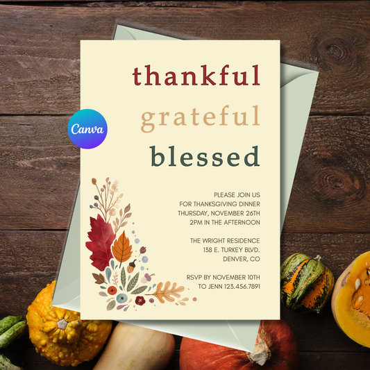 Editable Thanksgiving dinner invitation template featuring a modern autumn botanical corner with watercolor leaves, berries, acorns, and harvest foliage. Canva editable 5x7 digital download.
