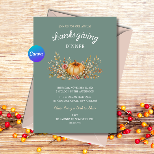 Editable Thanksgiving dinner invitation template featuring a watercolor pumpkin surrounded by elegant autumn leaves, berries, soft florals, and harvest greenery. Canva editable 5x7 digital download.