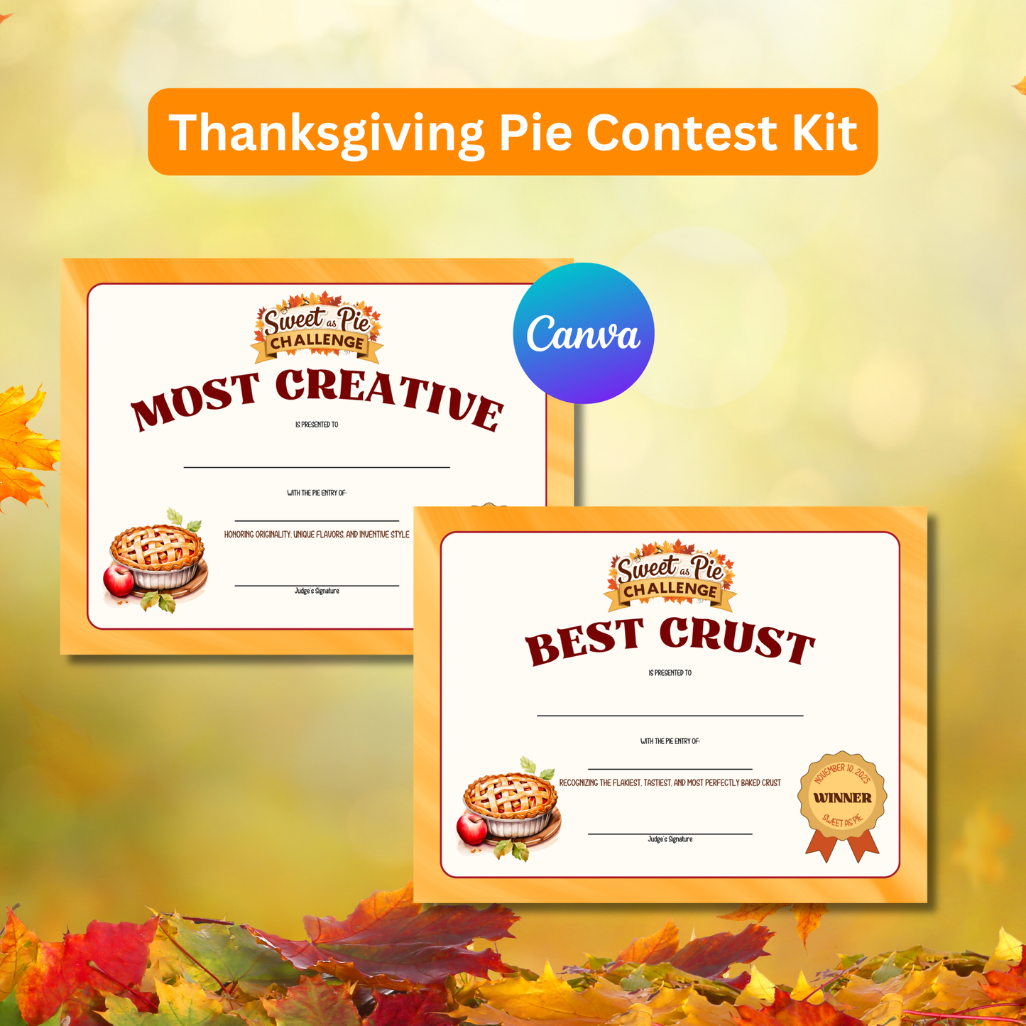 Thanksgiving Pie Contest Kit Printable | Editable Canva Templates | Scorecards Voting Cards Certificates Sign Up Sheet Instant Download