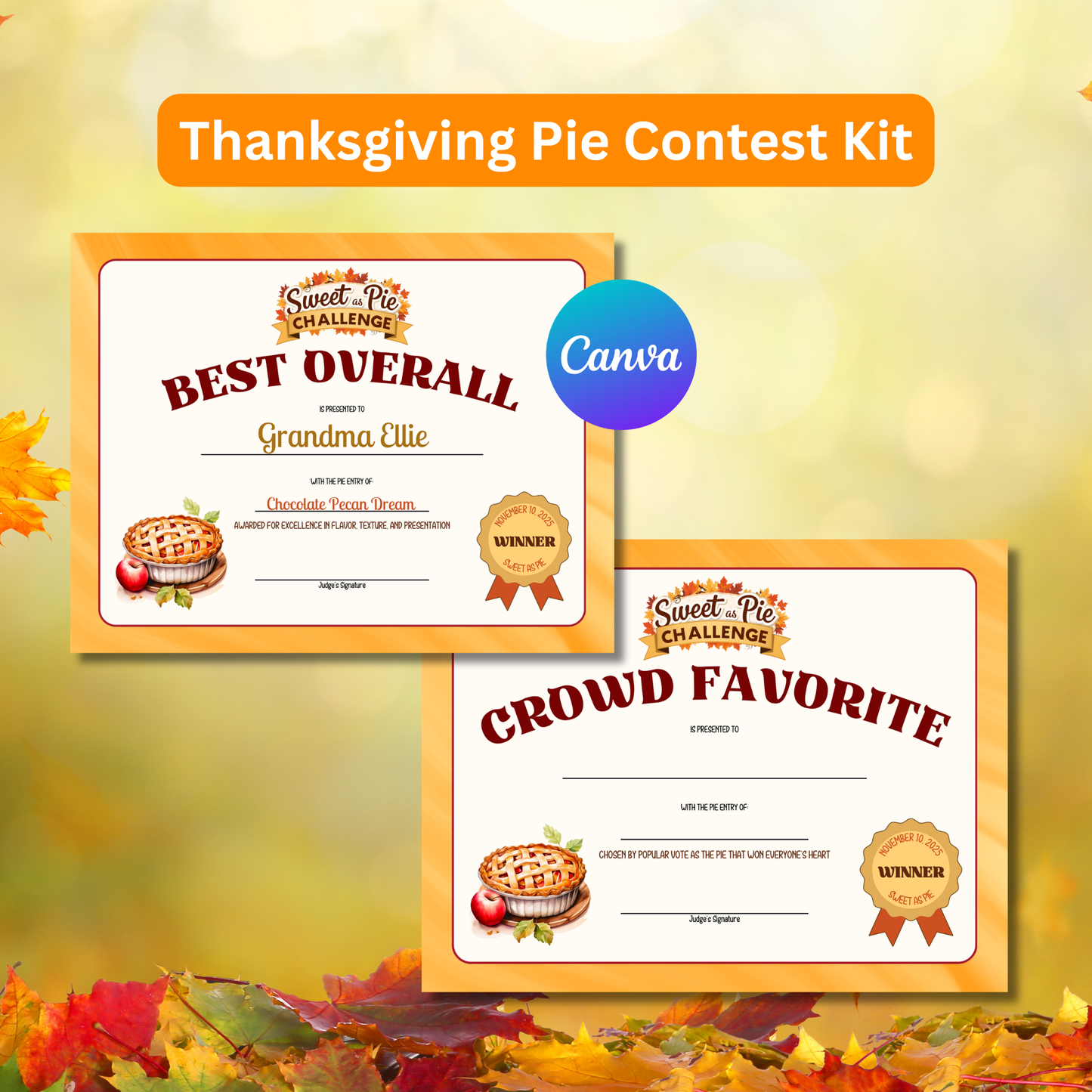 Thanksgiving Pie Contest Kit Printable | Editable Canva Templates | Scorecards Voting Cards Certificates Sign Up Sheet Instant Download