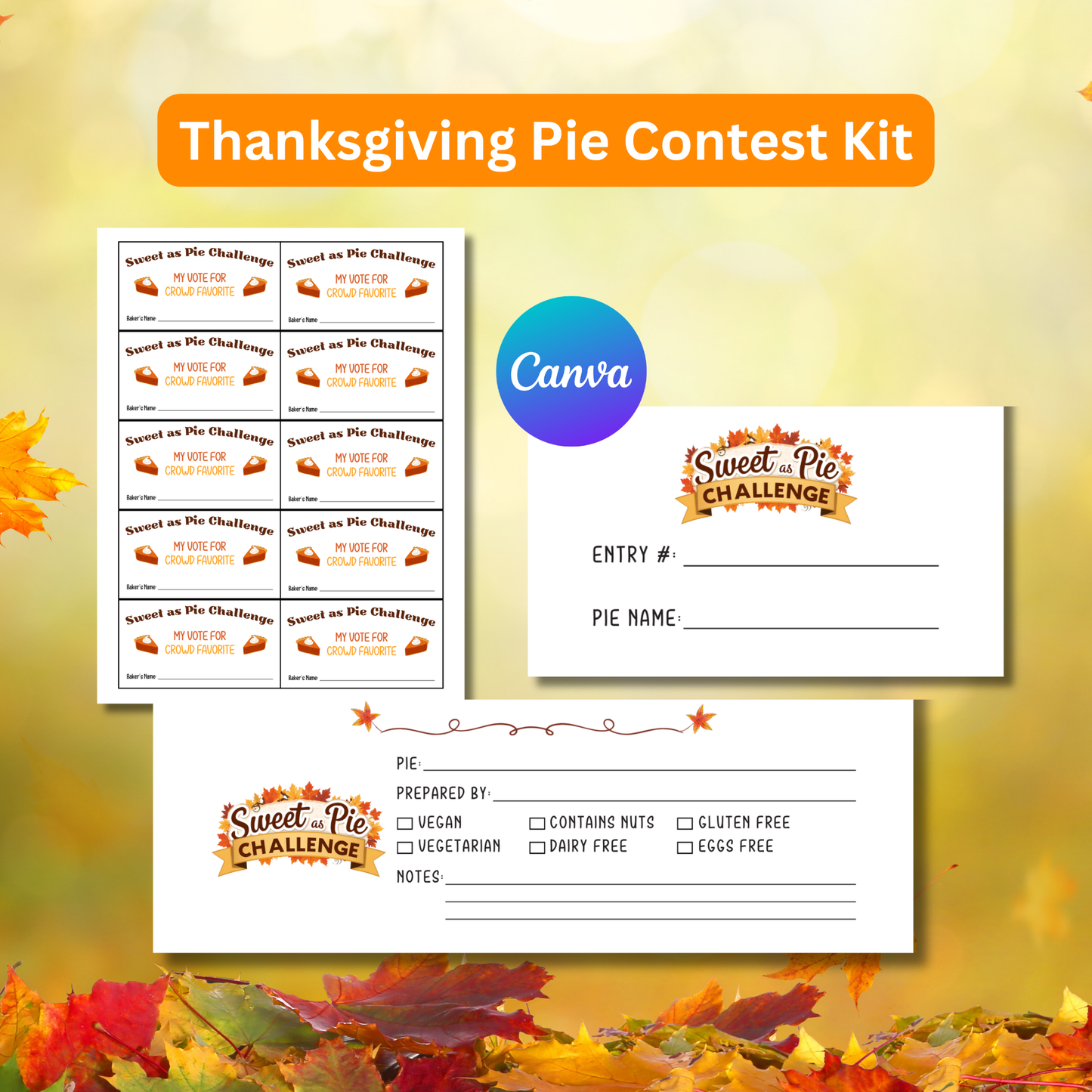 Thanksgiving Pie Contest Kit Printable | Editable Canva Templates | Scorecards Voting Cards Certificates Sign Up Sheet Instant Download