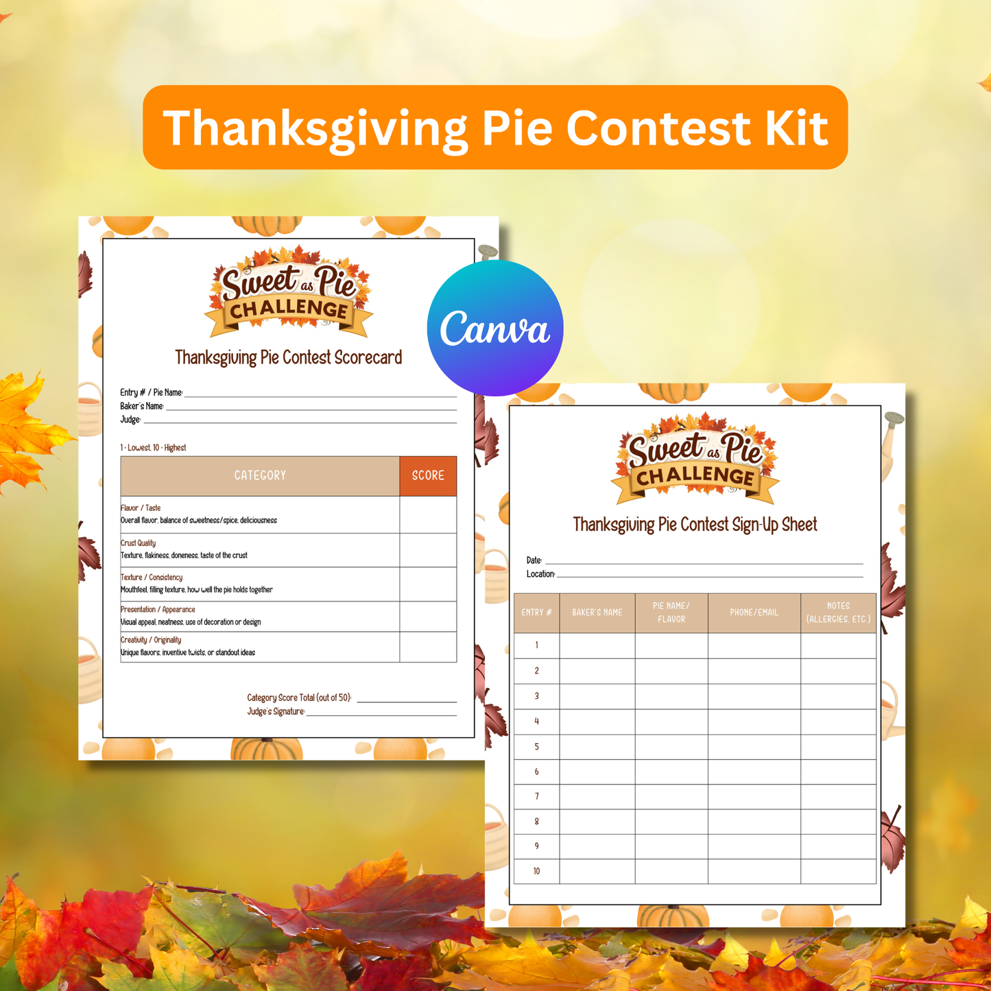 Thanksgiving Pie Contest Kit Printable | Editable Canva Templates | Scorecards Voting Cards Certificates Sign Up Sheet Instant Download