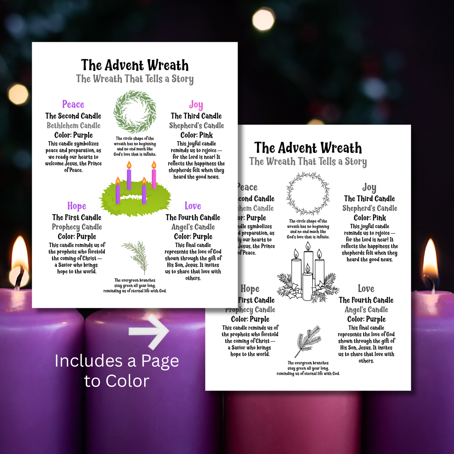 Advent Wreath Worksheets for Kids Printable | Christian Advent Activities | Sunday School Worksheets | Instant Download
