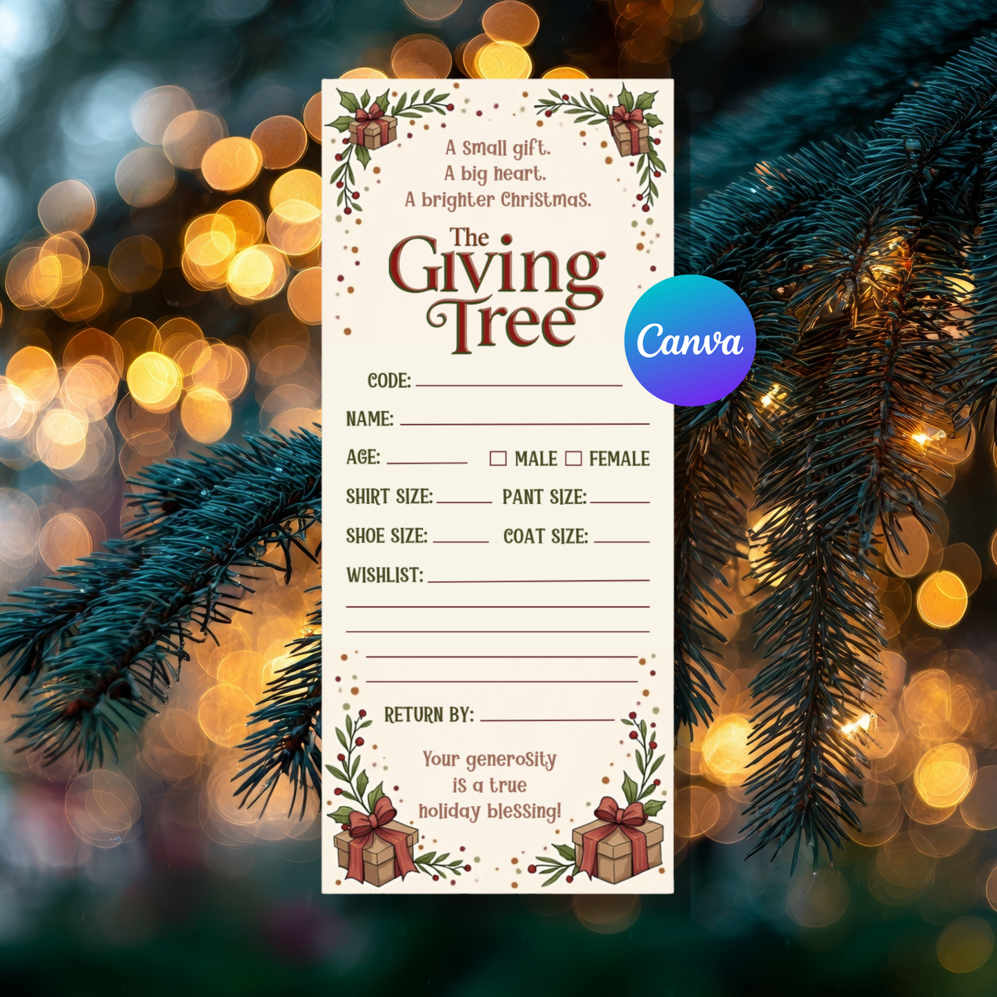 Giving Tree Tags Template | Editable Canva Christmas Charity Tags | Angel Tree Gift Tags Printable 3 Per Page Download
