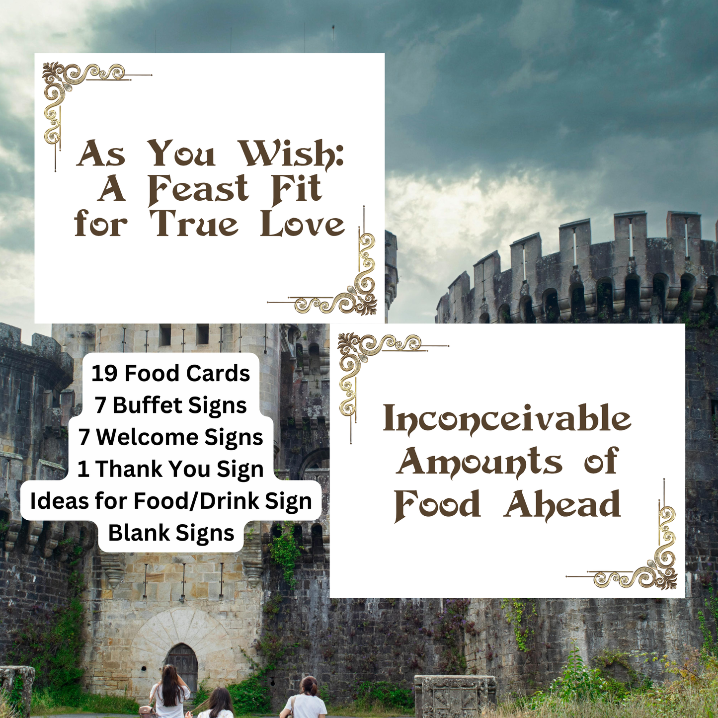 Promotional graphic for wedding signs with text overlay against a castle background