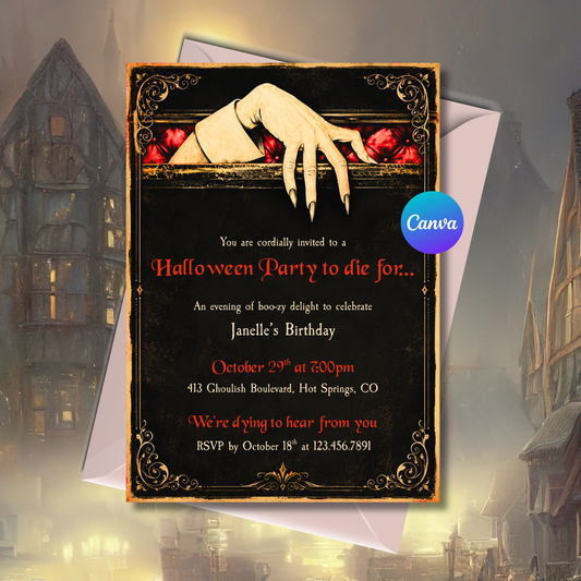 Editable gothic Halloween party invitation template featuring a vintage coffin with a spooky reaching hand, ornate antique border, and black background. Printable 5x7 Canva invitation for Halloween parties and costume events.