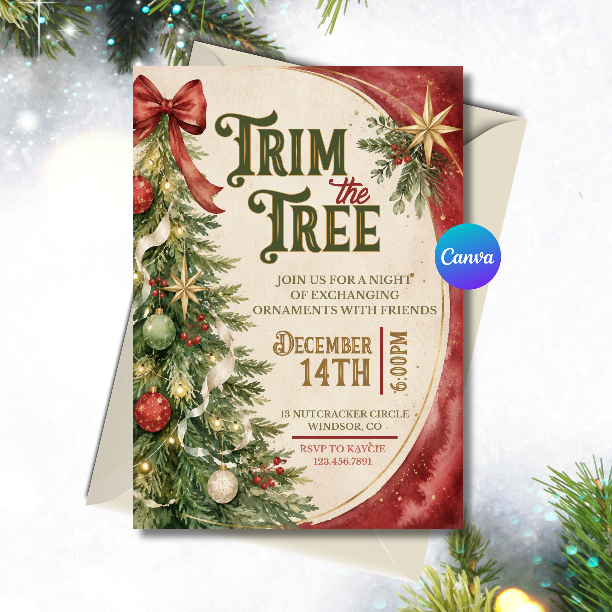 A Christmas-themed invitation card with a kraft envelope, decorated with a pine tree, ornaments, and a red ribbon bow. The card reads 'Trim the Tree' and includes a blue circular 'Canva' badge.