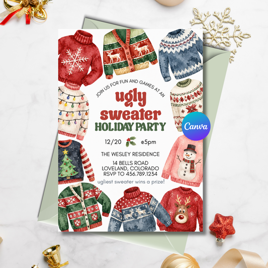 Editable ugly sweater party invitation template featuring whimsical watercolor Christmas sweaters surrounding a clean white center for personalized party details. Canva editable 5x7 digital download.