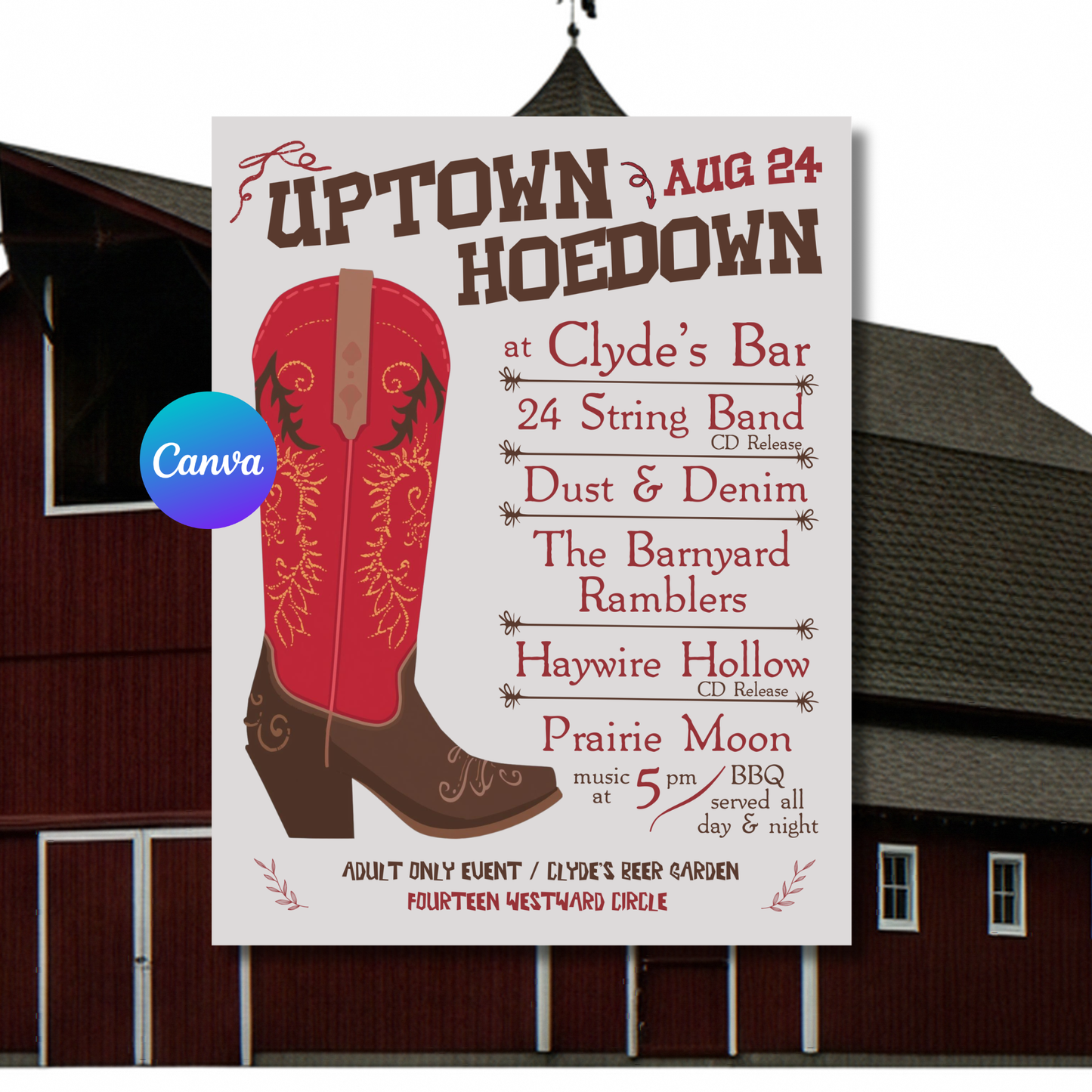 Uptown Hoedown Flyer Template | Western Party Invitation | Country Event Poster | Editable Canva Printable