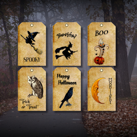 Printable vintage Halloween gift tags with 12 unique designs.