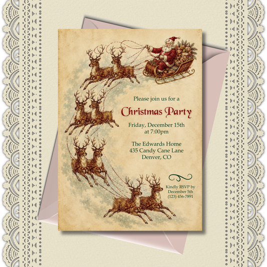 Editable Vintage Christmas Party Invitation featuring Santa in a sleigh with flying reindeer.