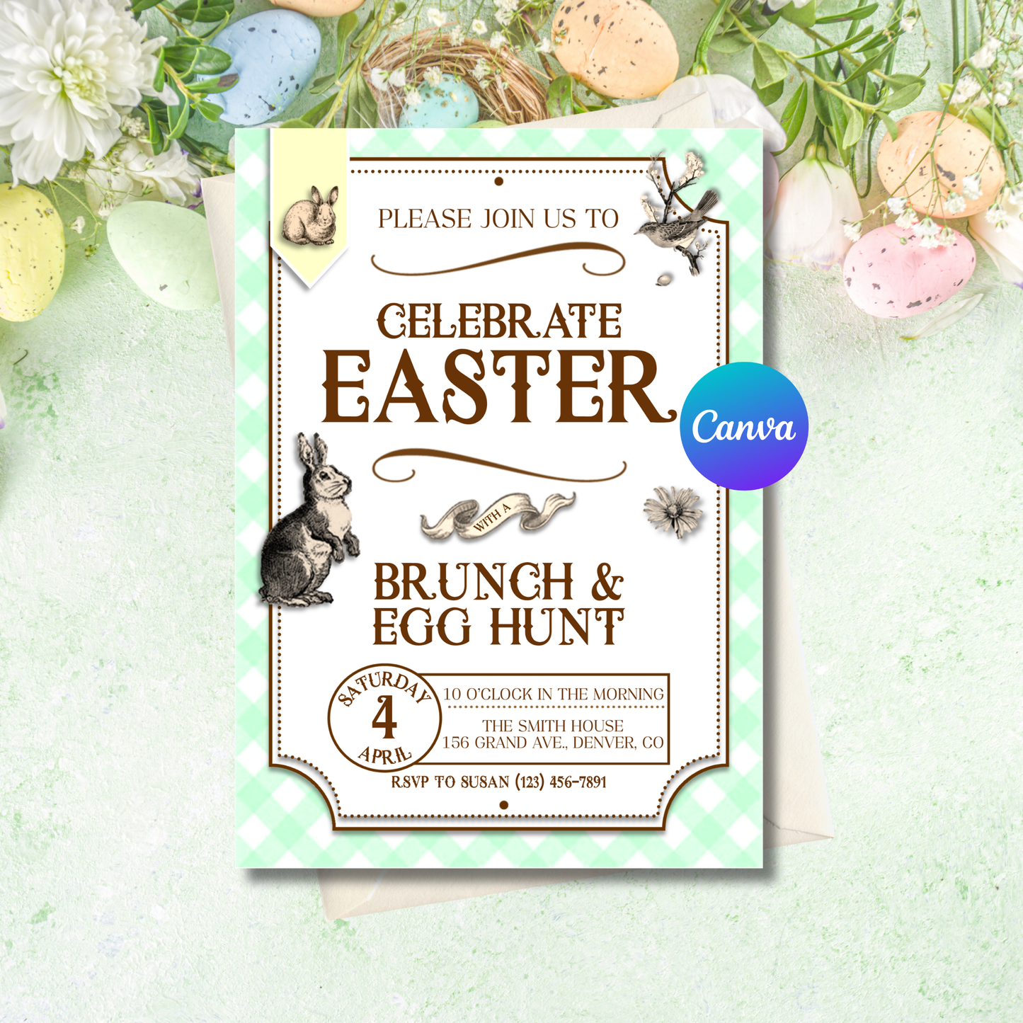 Easter brunch and egg hunt invitation with decorative elements on a light green background.