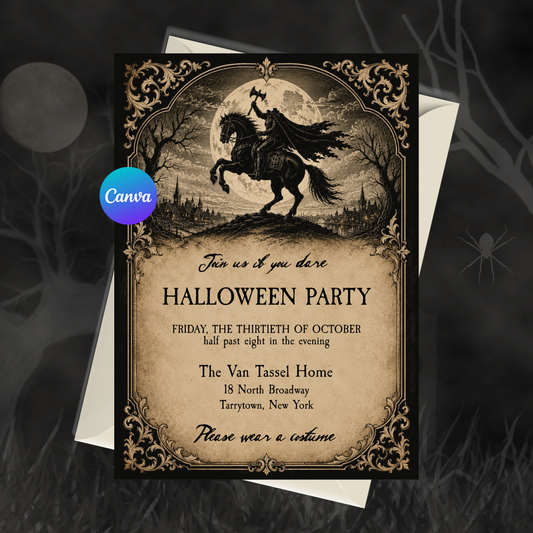 Sleepy Hollow Halloween Party Invitation Template | Editable Canva Gothic Halloween Invite
