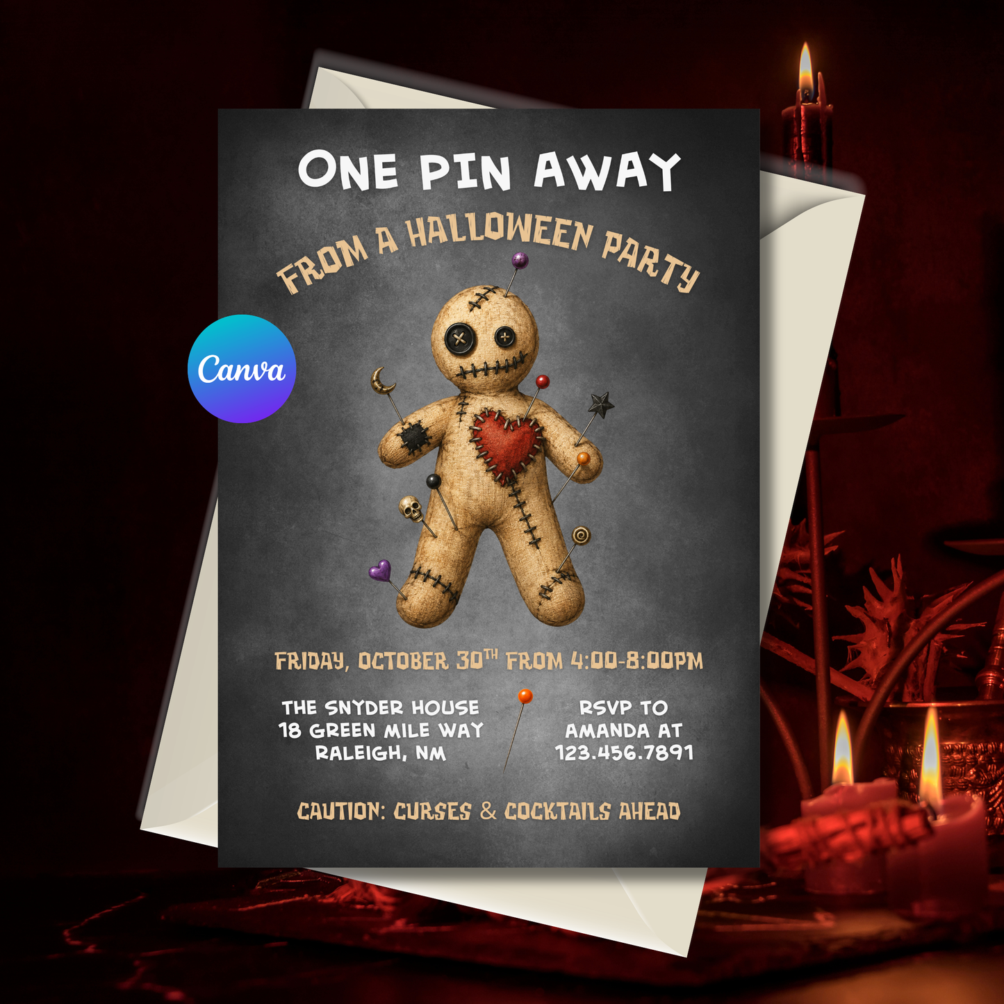 Editable Voodoo Halloween Party Invitation Template featuring a spooky handmade voodoo doll with colorful pins on a distressed vintage background.