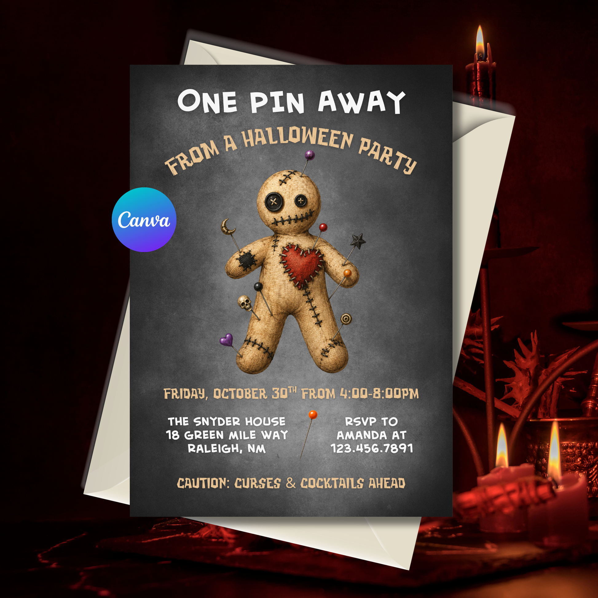 Editable Voodoo Halloween Party Invitation Template featuring a spooky handmade voodoo doll with colorful pins on a distressed vintage background.