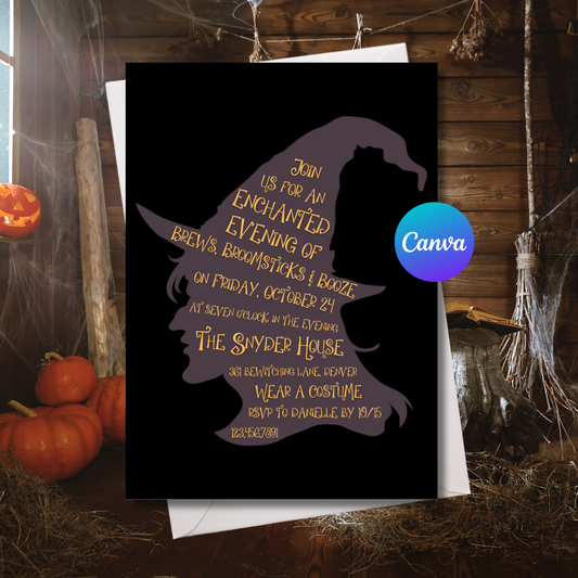 Witch Halloween Invitation Template | Editable Spooky Witch Party Invite | 5x7 Canva Instant Download