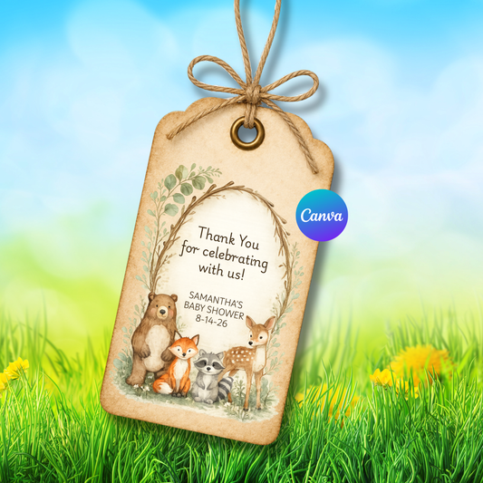 Editable woodland baby shower favor tags featuring watercolor bear, fox, raccoon, and deer with botanical greenery. Printable 2.5x3.5 Canva thank you gift tags, 8 per page.
