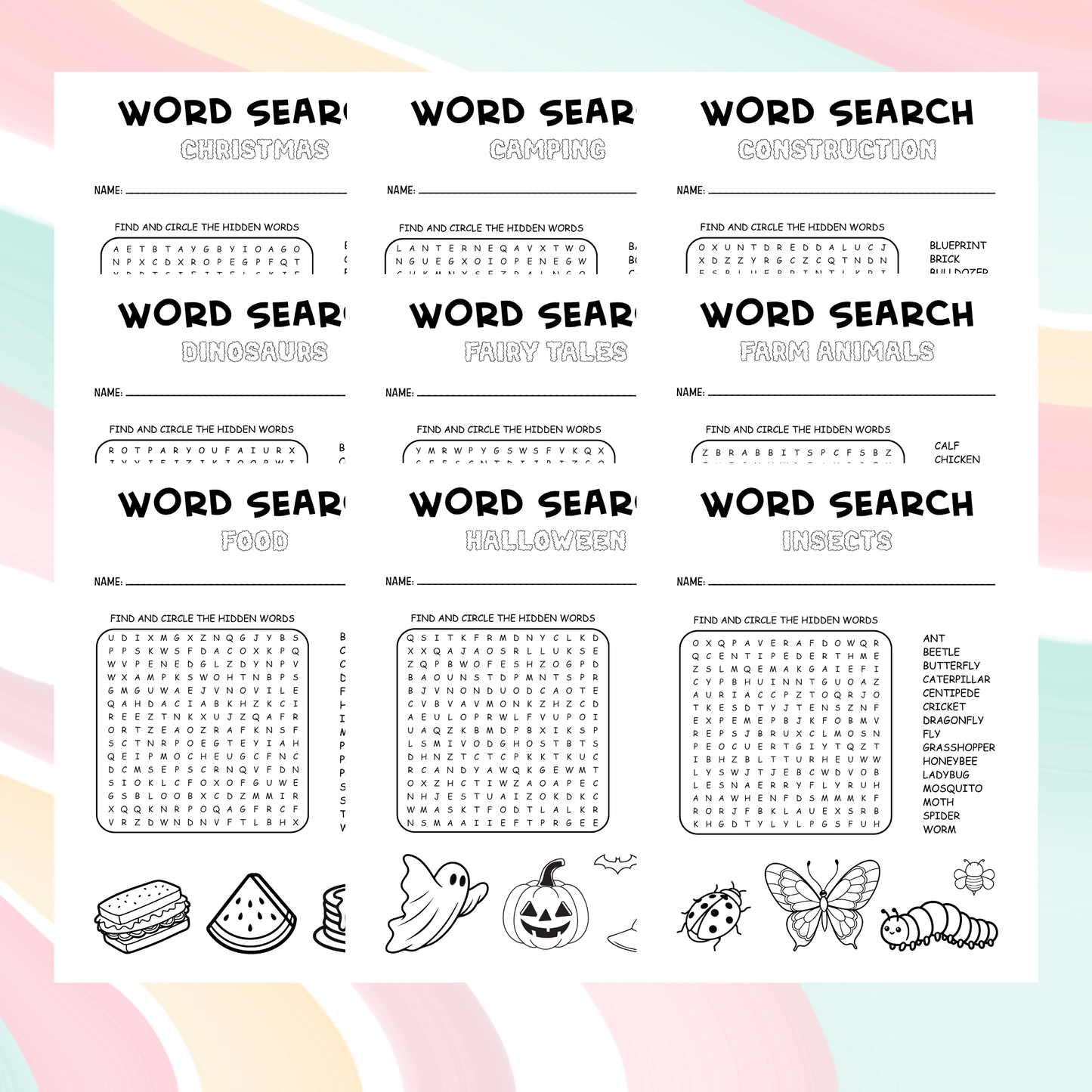 Collection of word search puzzles on a colorful background