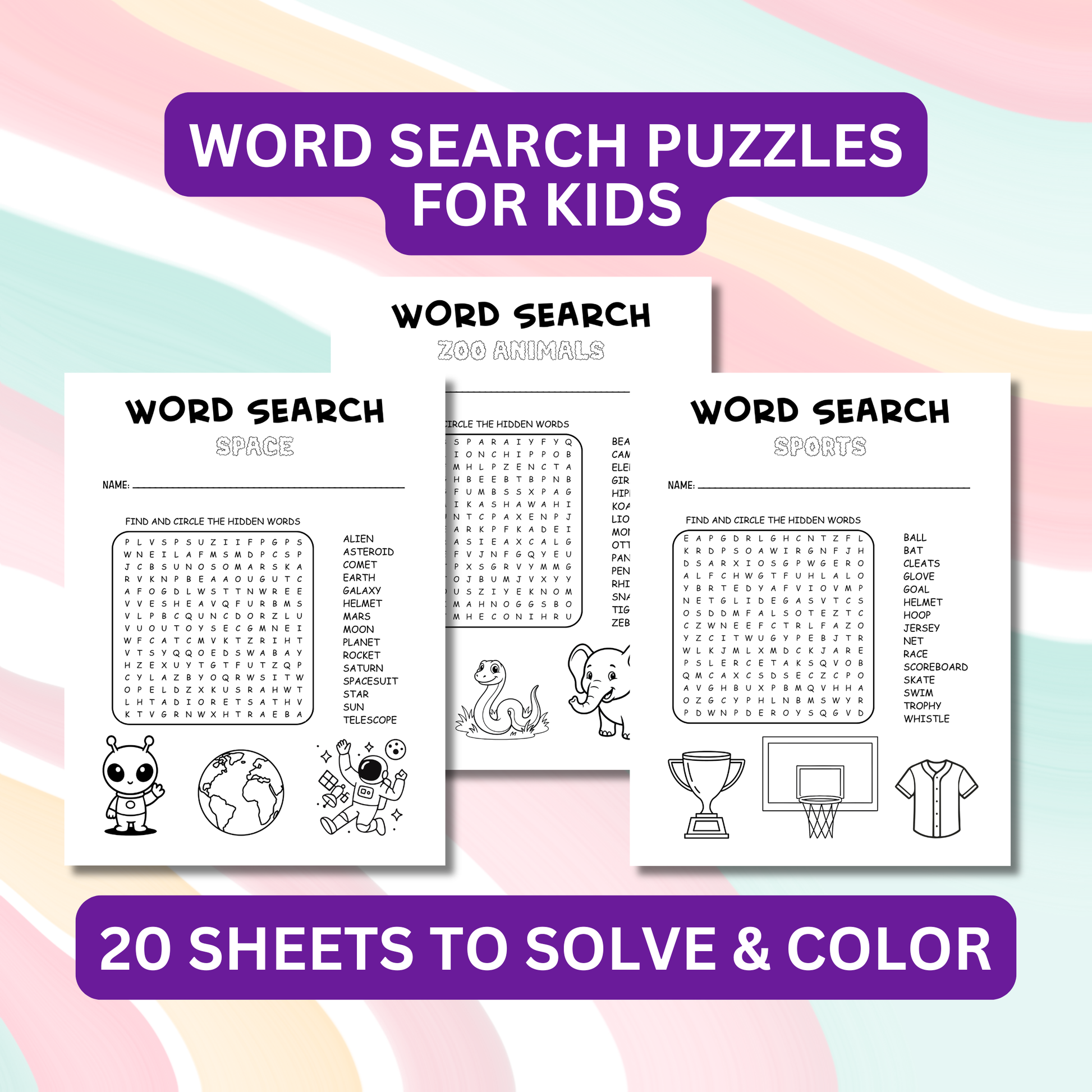 Set of word search puzzles for kids on a colorful background