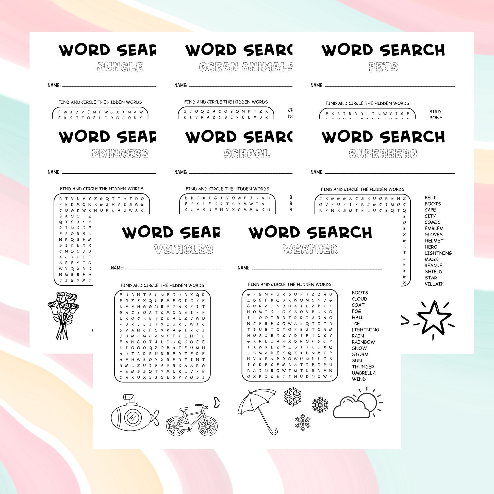 Collection of word search puzzles on a colorful background