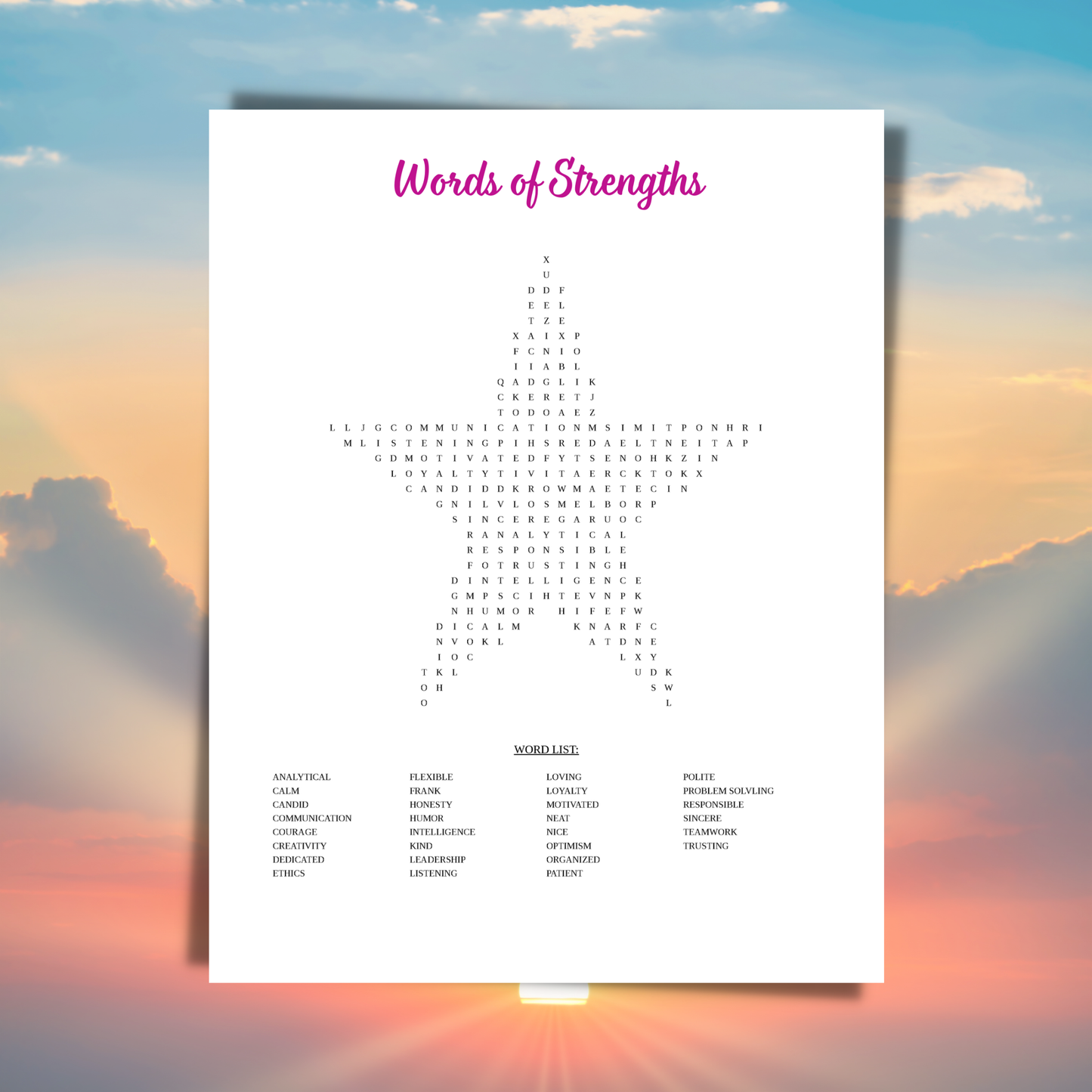 Sheet of paper titled 'Words of Strengths' with a colorful sky background