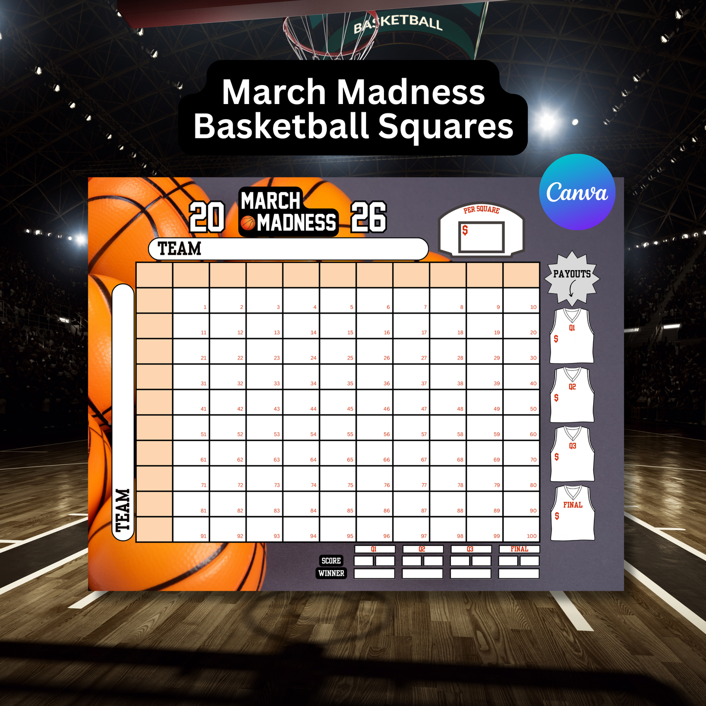 March Madness Basketball Squares Template – Editable Pool Grid